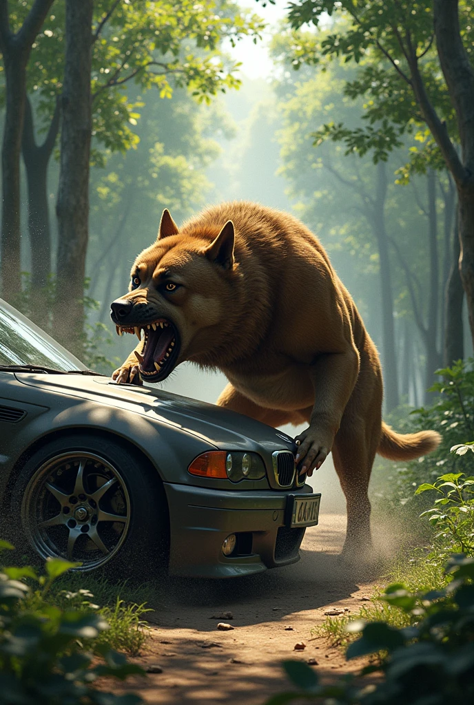 dog biting a car in forest