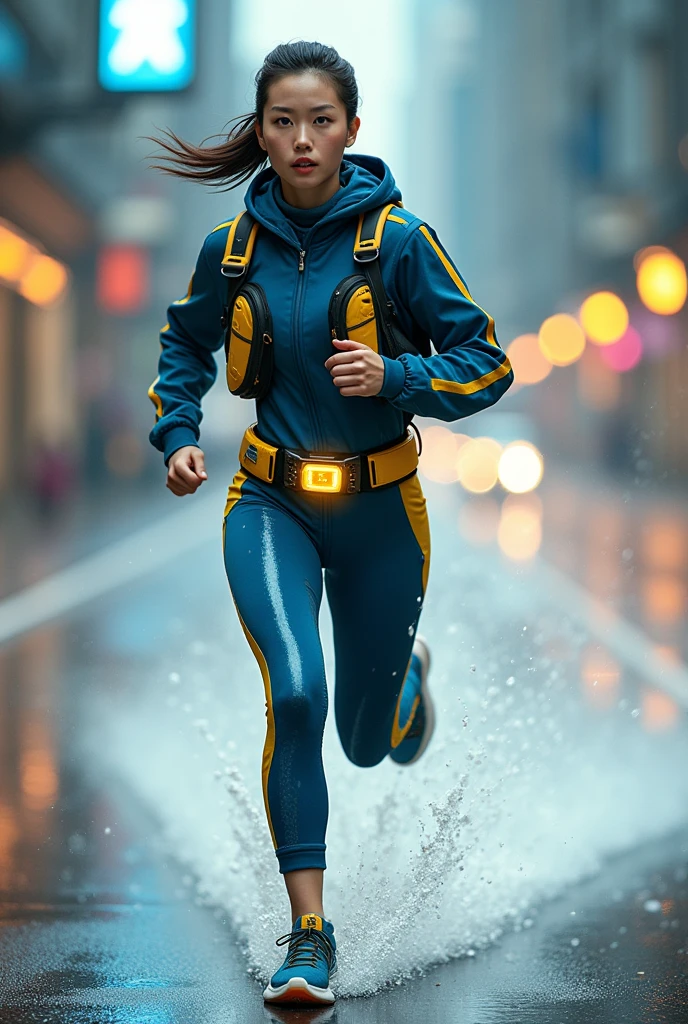 Chinese japan women average age wear jumpsuit high tech(( blue yellow)) ((age 50year old)). high tech belt. ))afternoon time((Running effect photography. flat chest.)) venus big busty milf body type (zoom effect photography)) Glowing yellow power.((wear jacket blue))short girl. Runfast effect.(( turtle neck dress)).. ((Wear blue big round glasses big frame)).running speed of light . latex suit. big tight.((flat chest breast)) running athlete.pontytail hair. Braces teeth.((running racing track )).Bokeh background. Panning effect. Yellow high tech watch. a beautiful young chinese women, , wearing a high-tech blue and yellow very tight jumpsuit.(( wear jacket bomber jacket blue yellow)), venus body type.. unning with style pose , girl want to fall. ,floating water pallet, photorealistic.(( fast train effect))detailed facial features,short hair, elegant pose, dynamic lighting. ((glowing body yellow lightning thundereffect)), 8k, award-winning digital art, intricate details, vibrant colors, cinematic composition. very fast run, highly detailed.(( star light trail effect photography)). speed of light. froze time effect. at the city.run water . spashing water. the girl run fast on wet road. background speed of light((.knee cover shield )) yellow blue nike shoes sneaker running ..
