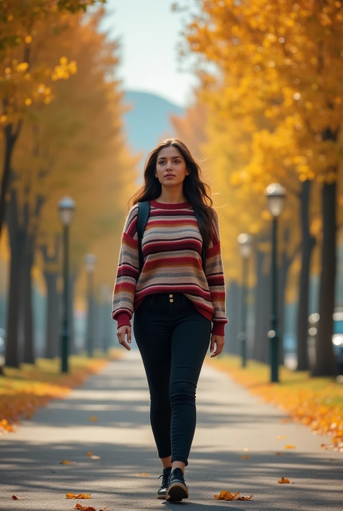 1 Brazilian woman, 150 cm tall, 77 cm bust, light to medium skin,  medium brown eyes, medium brown hair,  silky smooth, short with bangs, from the side to the base of the neck and back to the shoulder line, triangular face with medium facial features, walks calmly along a tree-lined avenue on a blue morning in early autumn,  She is wearing a long-sleeved striped wool blouse of various colors and black jeans and she is carrying a backpack on her back. Show her from the front.