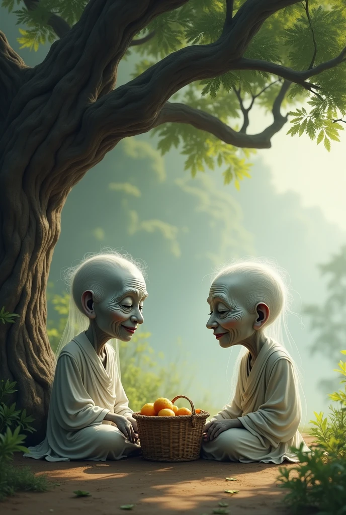 Two old Thai ghosts sit under a tree with a woven bamboo basket waiting to receive offerings, looking happy.