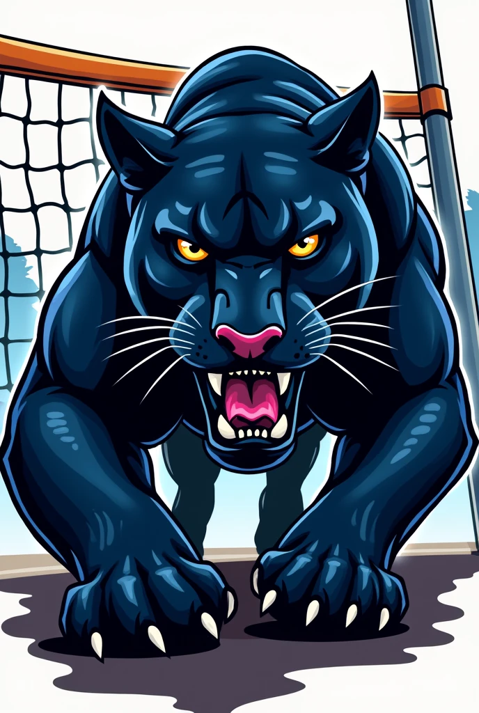 Logo of a panther and in the background a volleyball net 
