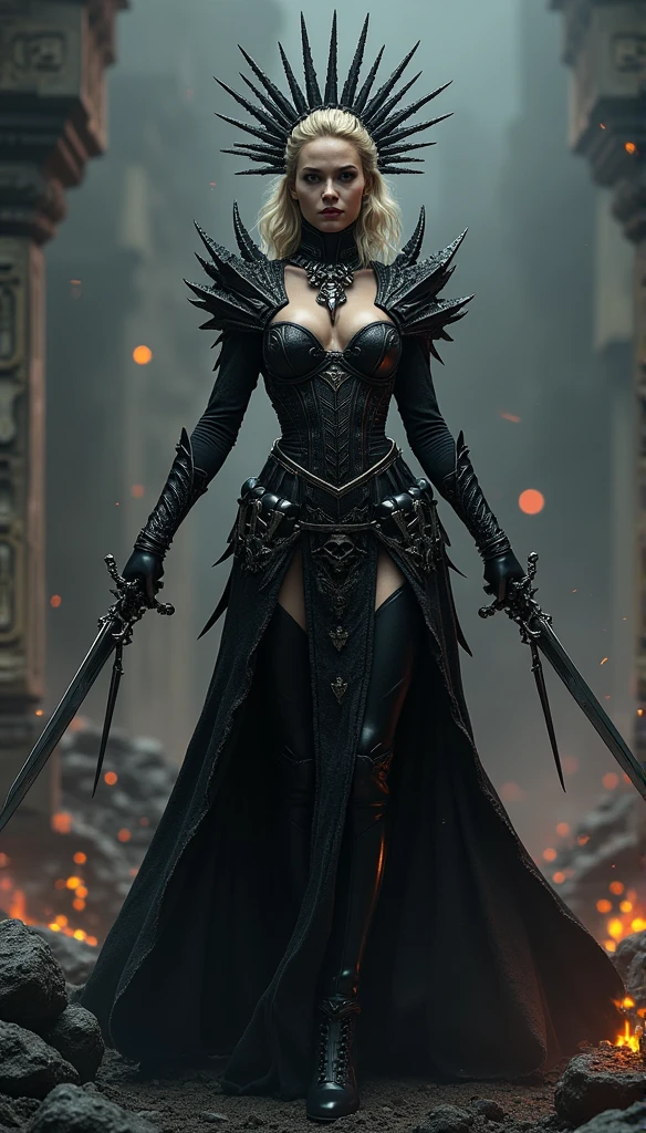 healing, Charlize Theron, goddess of death, greek mithology, Scarlet Witch with a multi-bladed tiara on her head, Charlize Theron, goddess of death, skull necklace, Em um ful dressed com caveiras e lâminas, art not style of Guviz, ross tran 8k, The Empress's Beautiful Imagination, High quality 8k detailed artwork, highly detailed digital art in 4k, Portrait of the dark queen, Wielding Multiple Sharp Swords, Background of Ashes and Fire, Small hot spots of coal in the background, ful dressed, made of skulls and blades,Voluptuous