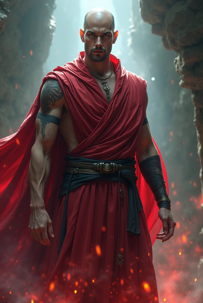 a bald human wizard creates and has no beard, with a red tunic and black marks on his body