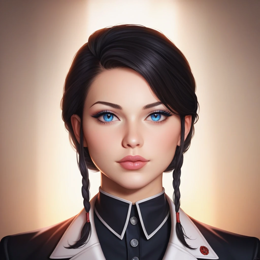 1 beautiful detailed face, beautiful detailed eyes, beautiful detailed lips, extremely detailed facial features, detailed facial expression, dark black hair, red and black outfit, blond blue eyes, badass anime character, epic anime art style, 8k, hyperrealistic, cinematic lighting, dramatic shadows, vivid colors, exquisite details, masterpiece, photorealistic, professional
