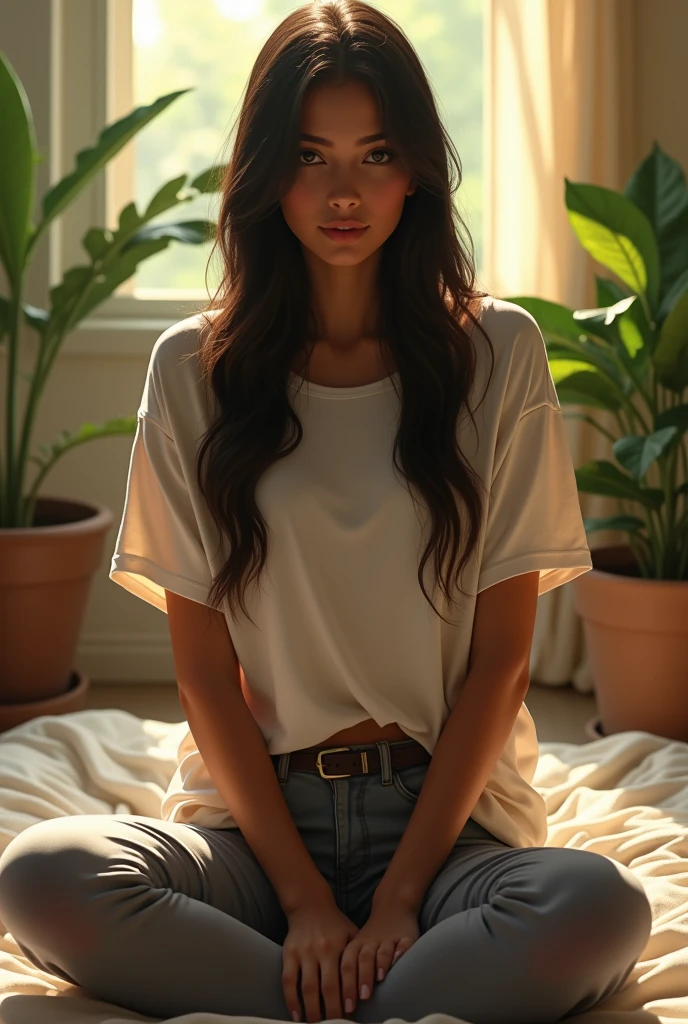 (photorealism:1.2), beautiful Indian Girl, 2, sitting on bed, wearing oversized T-shirt covers her stomach part too, legging, decent image, long straight hair, indoors, soft lighting, plants in background, window with sunlight, cozy room, relaxed pose, realistic, intricate details, warm colors, by Greg Rutkowski, by Alphonse Mucha