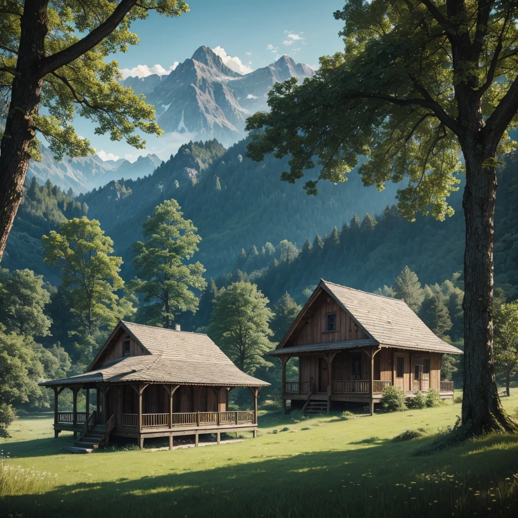 an abandon beautiful wooden house, lush green meadows, Far white tops of mountains, swing in trees. High Resolution, Looking at viewer, Detail, 8K Octane,