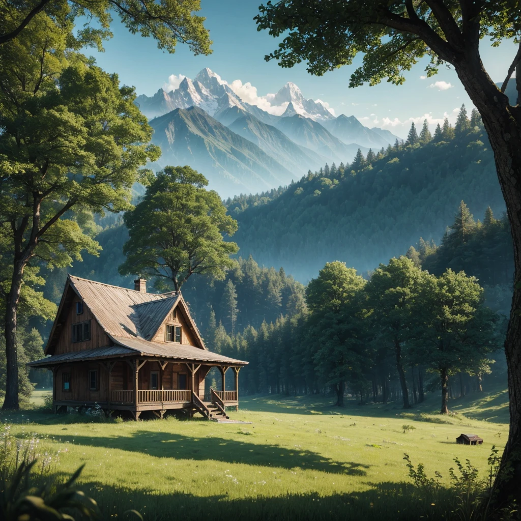 an abandon beautiful wooden house, lush green meadows, Far white tops of mountains, swing in trees. High Resolution, Looking at viewer, Detail, 8K Octane,