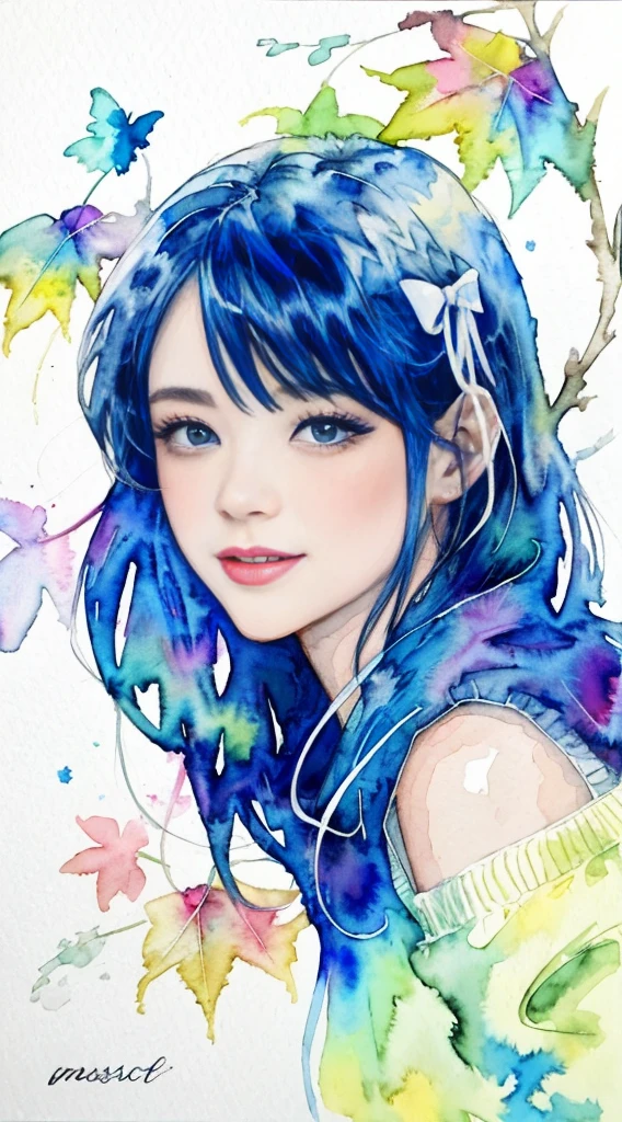 (8K、top-quality、​masterpiece:1.2)、(top-quality:1.0)、(超A high resolution:1.0)、watercolor paiting、Beautiful 30 year old woman、A slight smil,Shoulder、Hair that flutters in the wind,Hair Ribbon、Oversized long-sleeved sweater,Half Body Portrait、Very bright design、PastelColors、(inky:1.3)、autumn lights,watercolor paiting