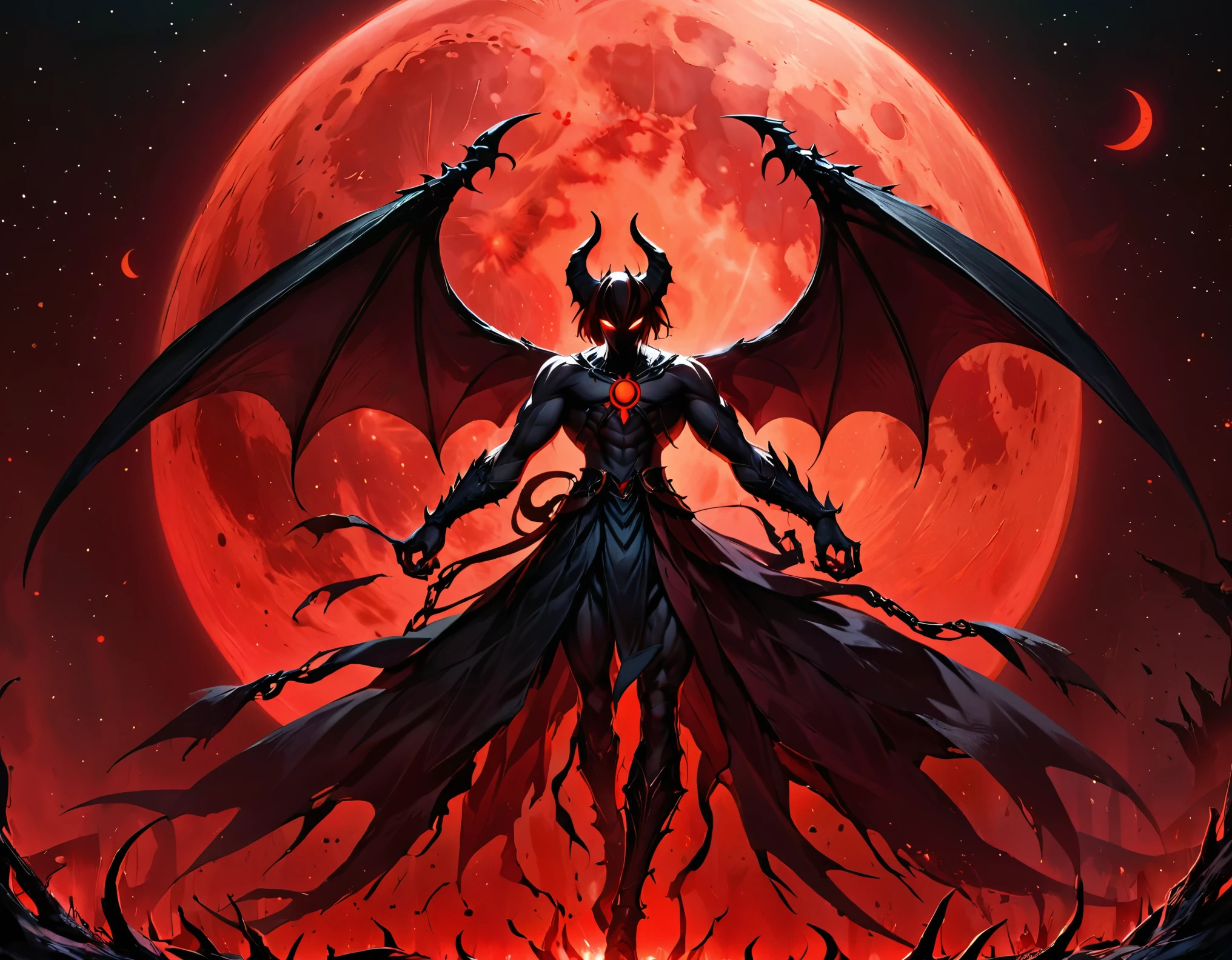 (masterpiece), best quality, highres, 4k, 8k, dark lighting, amazing quality, amazing shading, dark blood-red lighting, very dark blood-red moon in dark black night sky, one shadow of male dark black shadow demon in center of the gigantic moon, extremely detailed, Illustration, official artwork, anime style, wallpaper, official art, 35mm, analog style, a realistic photo, film grain, (photorealistic:0.6), taken by a canon eos r5, ultra detailed,