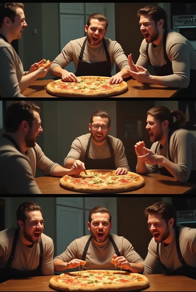A sequence of photos where pizza is being prepared. then, A man takes a slice of pizza and the others get scared, They get angry and start an apocalypse