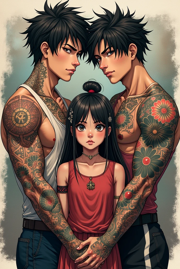 Generate a tattoo image of 2 male siblings and a female, Inspired by the Tokyo Revengers series, specifically in myke and manjiro sano and his younger sister, and each of the brothers has a well-defined style and the age difference is only one year between each of them., the woman being the youngest of all, In addition to generating a sense of protection and loyalty among them