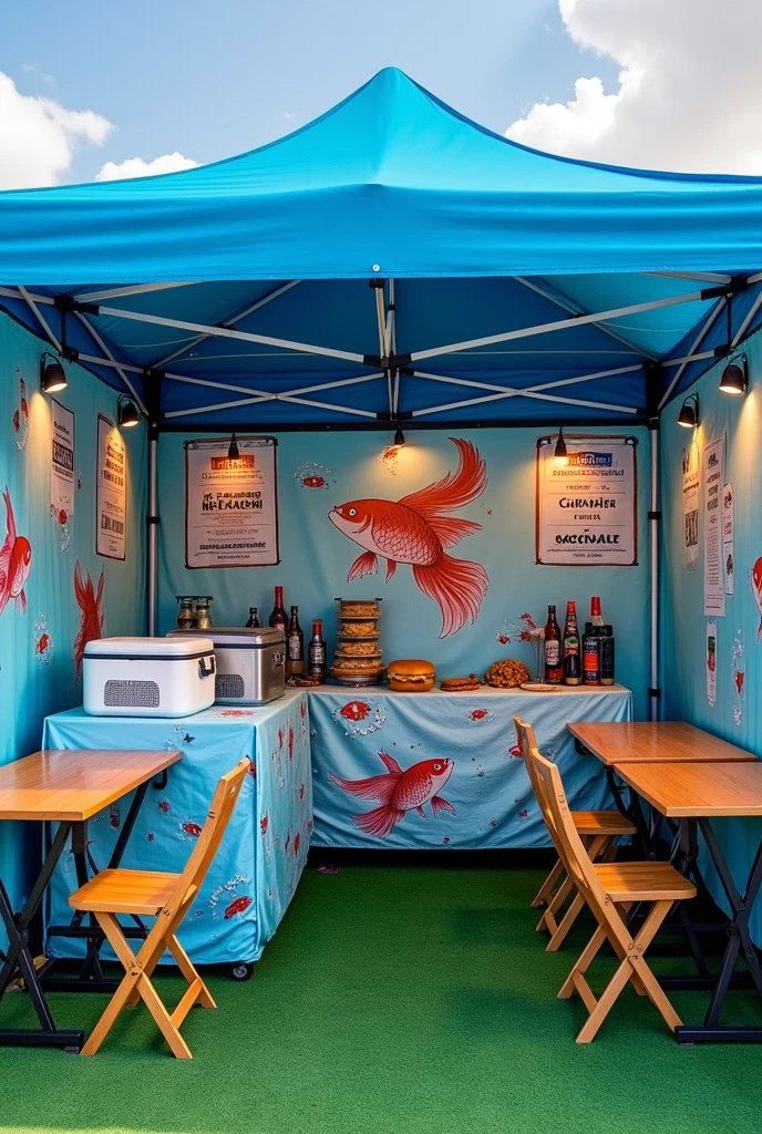 Design me a mobile business in the form of a folding and buildable tent measuring 3x3 in blue with the following specifications - 1 FOLDING PREPARATION WORK TABLE WITH A COOLER ON THE TABLE ( TABLECLOTH WITH SEAFOOD DRAWING)
- 2 TABLES FOR CUSTOMERS WITH 4 CHAIRS PER TABLE AND BOTTLES OF SEAFOOD SAUCES ON THE TABLE, CATSUP, TOAST AND COOKIES - ON THE WALLS OF THE TENTS THERE ARE PHOTOGRAPHS OF : SEAFOOD COCKTAIL, FISH CEVICHE AND AGUACHILE - THE FLOOR WILL BE MADE OF GREEN SYNTHETIC GRASS - THE CARP WILL BE BLUE