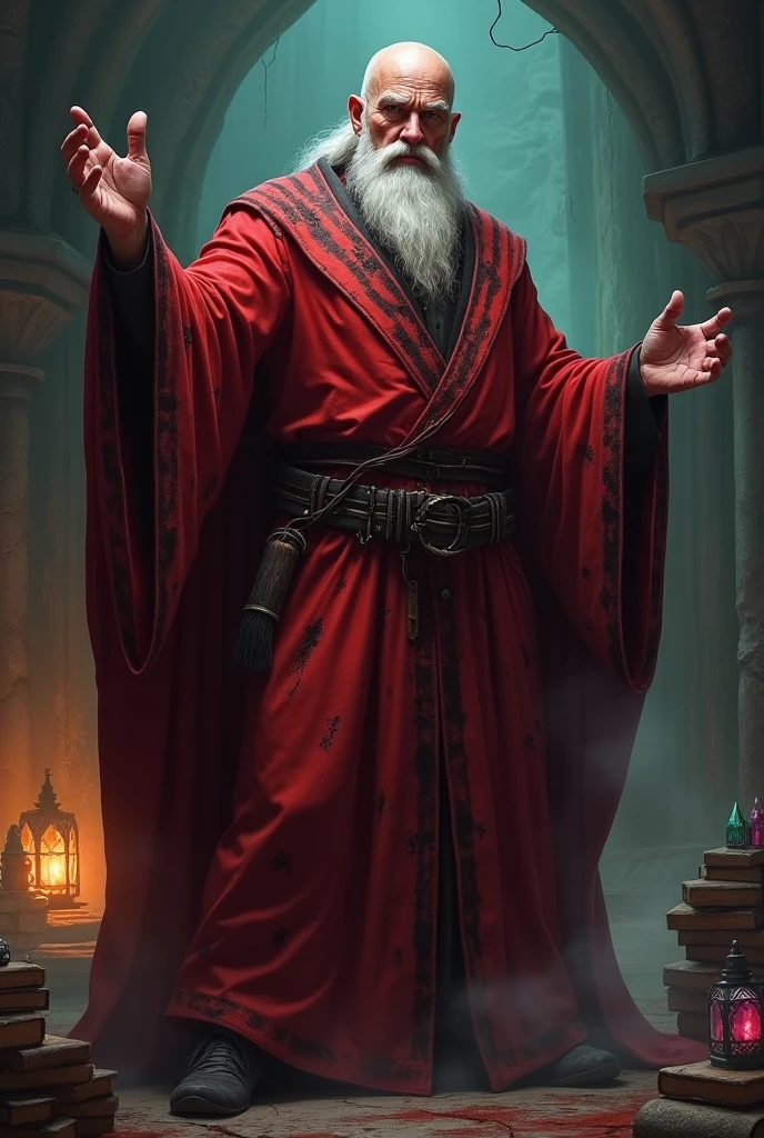 a bald middle-aged human wizard who has no beard, with a red tunic and black marks on his body
