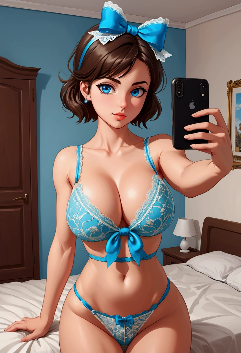20 years old woman, Short brown hair, Méditerranéenne aux blue eye, Generous and heavy breasts, slender waist, estomac defini, fesses rebondies et pulpeuses, naturally curved, muscular thighs, aguicheuse, in the bedroom, blue eye, sous vêtement dentelle, Selfie, hair bow