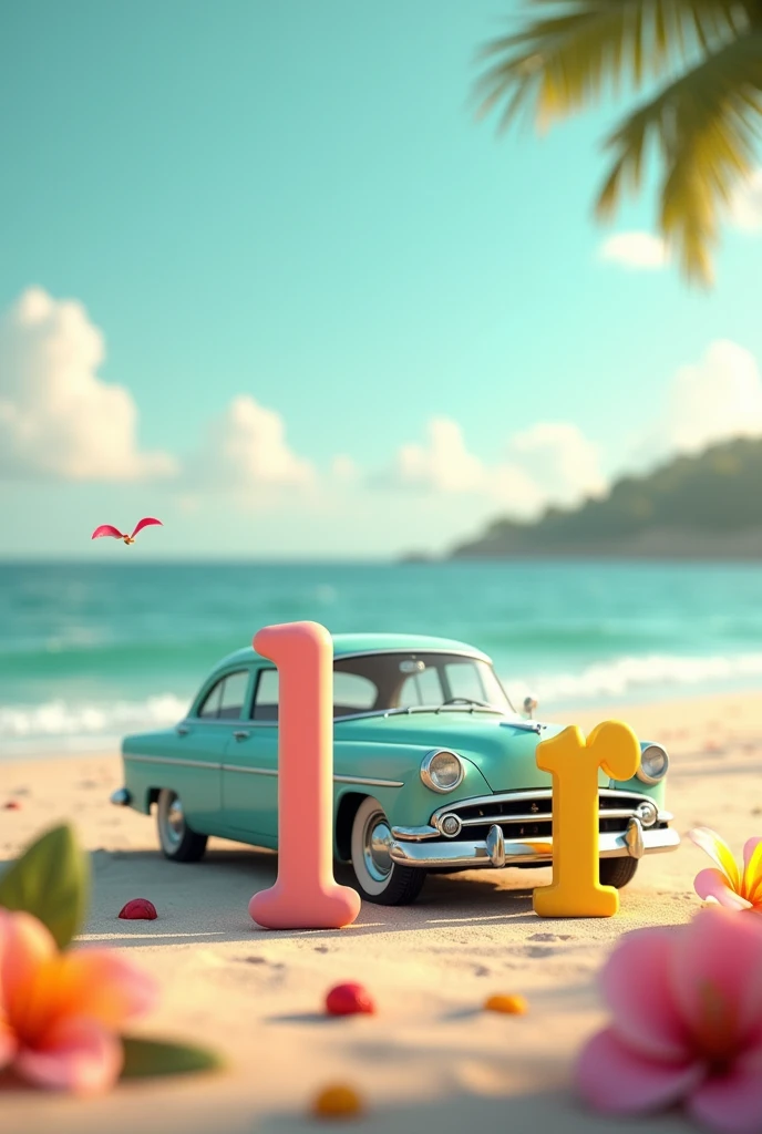 Letter l and r in front of car at beach flowers