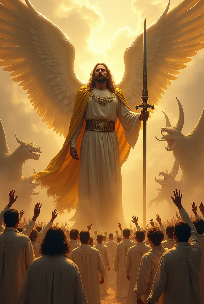 Giant male angel with golden robe covering his body and a giant golden raised sword in his hand raises the sword above his head fighting demons and behind the angel a crowd of people men and women dressed in white smiling