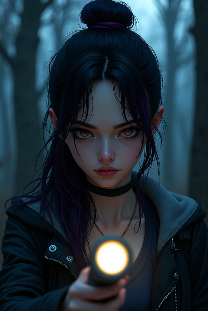 Serious 20 year old college woman with dark expression and sexy frown she has long and very dark hair, with a few purple lighting points. Eyes in a dark brown shade, she usually has a loose bun, wear clothes in neutral colors (usually makes a play with black and gray and white details, It has a kind of dark academia style, with a flashlight in his hand hiding in a forest, dc comics art style