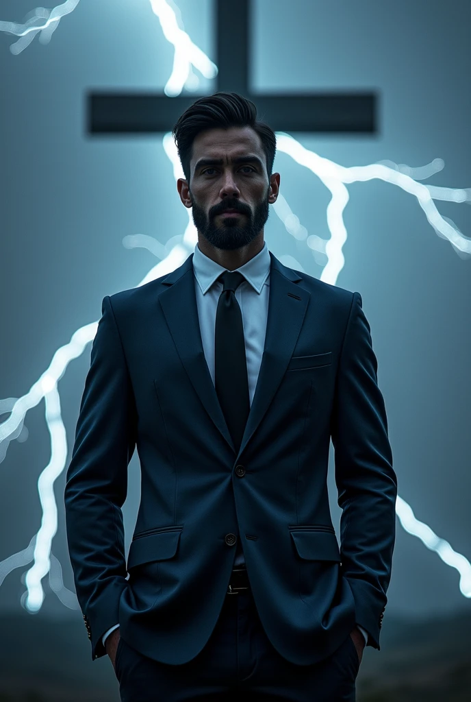 A young standing man with a black beard,wearing blue suit,black tine dots on the suit,a white shirt and Black tie, a cross behind the man, lightning all over the place