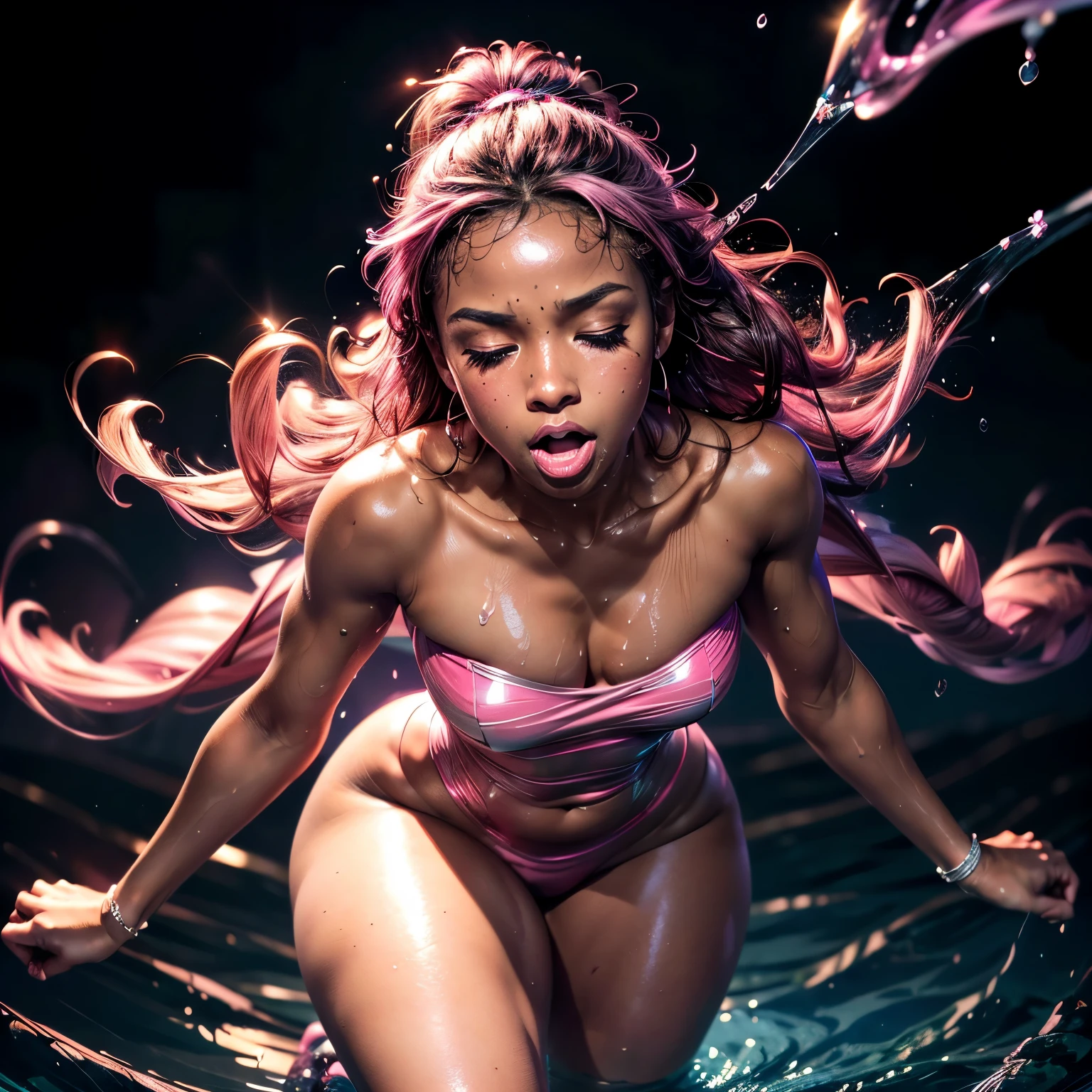 1woman, head phones, under pink bubble water, (1), (dark skin), dark skin, wide shot, (pink strapless dress), , (totally realistic), (Masterpiece, Professional lighting, 16k, 8k wallpaper, raw photo, photorealistic:1.8, ultra detailed, view from above, natural lighting, detailed skin sexy pose, open mouth, big lips, night time, eyes closed, pink light, steam, pink foam, magic energy, neon light, soaked, sweating, with freckles, crying, screaming, ((slim thick body:1.0)), thick thighs, round-butt,
