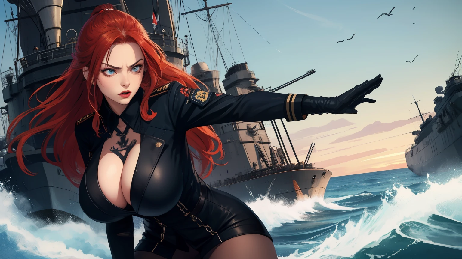 Hot young woman, long red hair, ponytail, admiral's uniform, many nautical tattoos, black make-up, high boots, high quality, best quality, high details, blue eyes, perfect body, german battleship bismarck in backround, navy, cannons fire, masterpiece, multilayer, angry eyes, huge tits, seductive posture