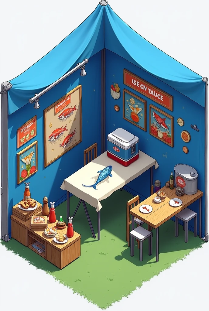 
Design me a mobile business in the form of a folding and buildable tent measuring 3x3 in blue with the following specifications - 1 FOLDING PREPARATION WORK TABLE WITH A COOLER ON THE TABLE ( TABLECLOTH WITH SEAFOOD DRAWING) 
- 2 TABLES FOR CUSTOMERS WITH 4 CHAIRS PER TABLE AND BOTTLES OF SEAFOOD SAUCES ON THE TABLE, CATSUP, TOAST AND COOKIES - ON THE WALLS OF THE TENTS THERE ARE PHOTOGRAPHS OF : SEAFOOD COCKTAIL, FISH CEVICHE AND AGUACHILE - THE FLOOR WILL BE MADE OF GREEN SYNTHETIC GRASS - THE CARP WILL BE BLUE
