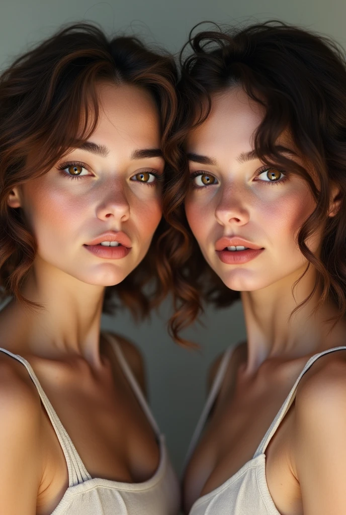 2 female character, white with short curly brown shoulder length hair and dark brown eyes in hq