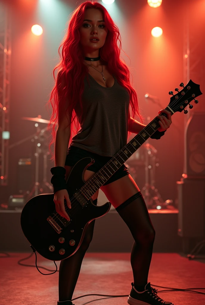 ultra realistic, Photography, long red hair, Girl, 2, hourglass figure, perfect body, flirtatious look, Beautiful detailed woman, intricate and detailed face, Long and lush hair, Soft lighting, photorealistic, high quality, cinematographic, dramatic, warm color tones, natural breasts, in front of the camera, blurred background, on the stage, rock band, playing electric guitar, She is wearing black shorts and stockings underneath., Camiseta oversize, She wears sneakers, Full body photo, away, wide angle