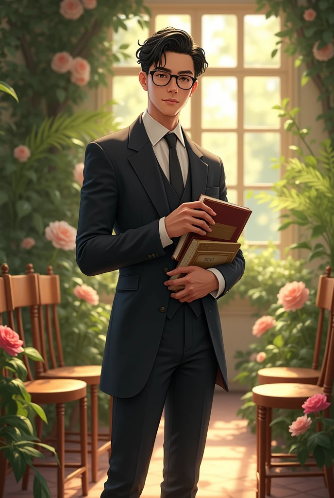 A tall man with a fit, build with strong uper torso and fit lower body and fair skin that has a subtle, pinkish glow stands confidently. His clean-shaven with no mustache, beard on the face is defined by a sharp jawline, and his calm, honey-brown eyes exude a sense of lightness and innocence with glasses. His black hair, styled in a princely cut, features bangs that gracefully drape across his forehead.
He is dressed in a gentleman attire which represents his old money richness, adding a touch of elegance to his appearance. In his hands, he holds several books. The setting around him is a beautiful, lush garden where sunlight streams through large windows casting a warm glow over the rows of elegant flowers and rich wooden chairs for tea.