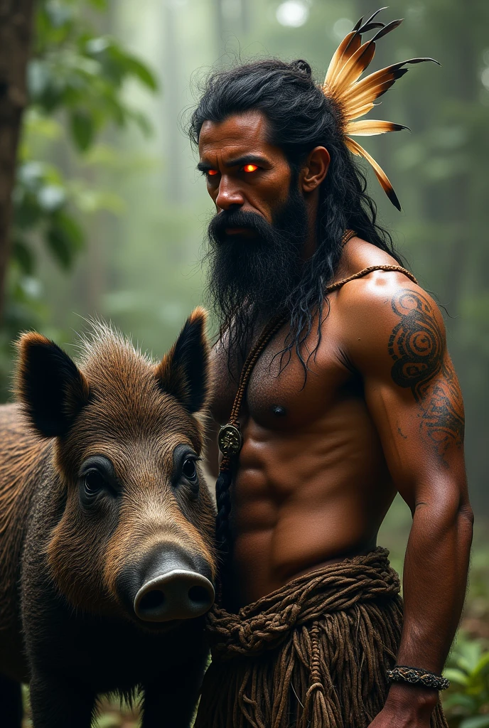 An indigenous man with fiery eyes with a wild boar