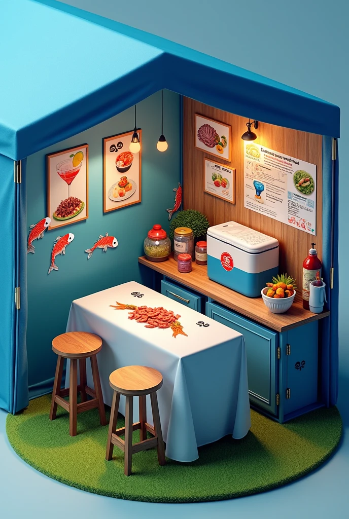 Design me a mobile business in the form of a folding and buildable tent measuring 3x3 in blue with the following specifications - 1 FOLDING PREPARATION WORK TABLE WITH A COOLER ON THE TABLE ( TABLECLOTH WITH SEAFOOD DRAWING)
- 2 TABLES FOR CUSTOMERS WITH 4 CHAIRS PER TABLE AND BOTTLES OF SEAFOOD SAUCES ON THE TABLE, CATSUP, TOAST AND COOKIES - ON THE WALLS OF THE TENTS THERE ARE PHOTOGRAPHS OF : SEAFOOD COCKTAIL, FISH CEVICHE AND AGUACHILE - THE FLOOR WILL BE MADE OF GREEN SYNTHETIC GRASS - THE CARP WILL BE BLUE