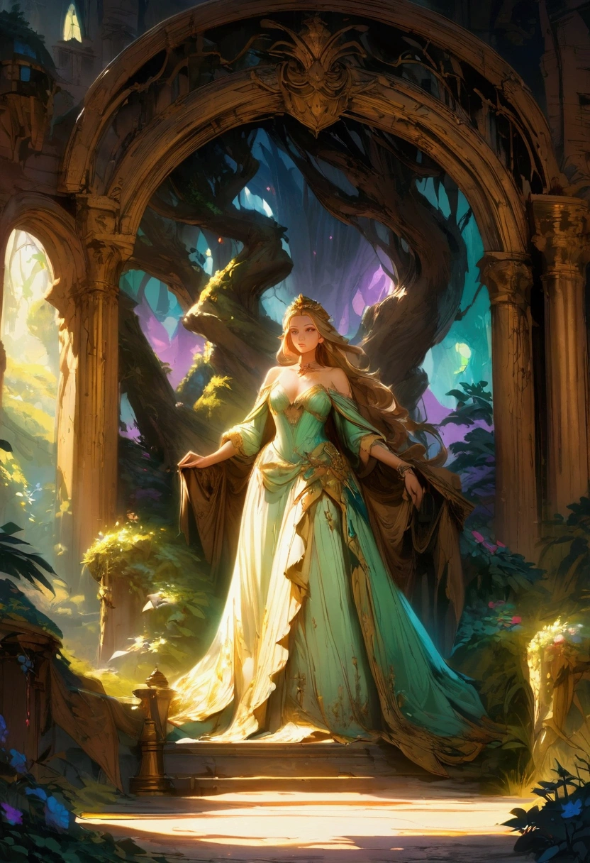 a glowing beautiful witch and a handsome prince, detailed facial features, highly detailed, intricate, elegant, dramatic lighting, vivid colors, fantasy, digital painting, concept art, cinematic, 8k, best quality, masterpiece