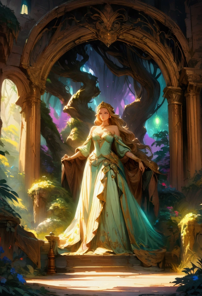 a glowing beautiful witch and a handsome prince, detailed facial features, highly detailed, intricate, elegant, dramatic lighting, vivid colors, fantasy, digital painting, concept art, cinematic, 8k, best quality, masterpiece