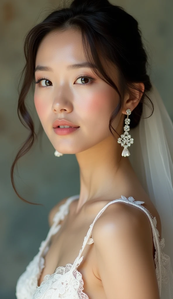 a close up of a woman with a wedding dress and earrings, photo of a beautiful woman, beautiful portrait image, beautiful young woman, a beautiful young woman, beautiful face woman, portrait of a beautiful model, beautiful portrait photo, young beautiful woman, beautiful face and flawless skin, very beautiful young woman, beautiful face portrait, gorgeous face portrait, soft portrait shot 8 k