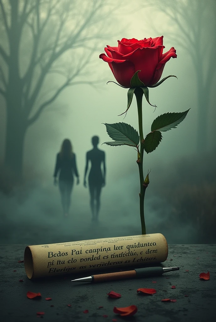 In this image I want to create a square like for a book cover with a rose in the right corner of the frame and in the lower left corner of the frame a pen with a Spanish writing in the middle of the square. "times of loneliness " Under this title you can see two as if fading into the mist