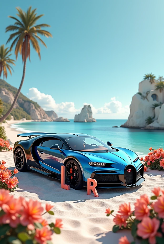 Letter l and r in front of car at beach flowers buggati car
