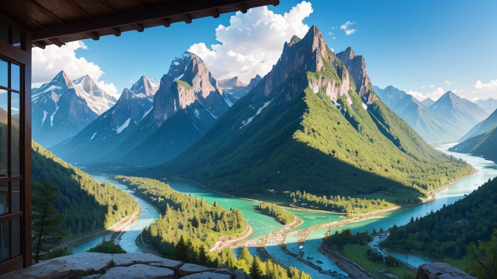 arafed view of a mountain valley and a river from a window, all in the amazing outdoors view, stunning nature in background, beautiful scenic view, majestic nature scenery, beatiful mountain background, majestic landscape, detailed scenery —width 672, amazing landscape in background, breathtaking landscape, mountains river trees, stunning vista, scenic mountain setting, scenic view