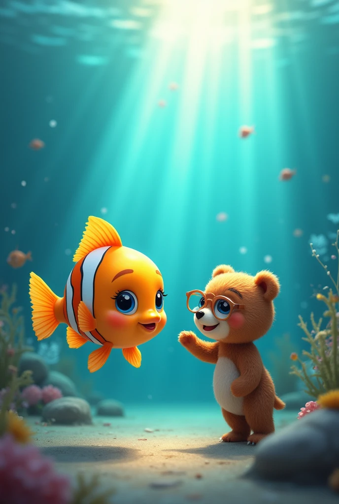 (Daisaku),(extrem),(ultra detali),(rusa:1.6),(1 cute little fish:1.8),rays of sunlight,adorable,lesbian full body,orange,(Big head:1.6),Little Bear,he used to smile,having fun,in the deep sea, wearing glasses, beautiful wide eyes color,bblurry,(A detailed face),(A detailed eye),