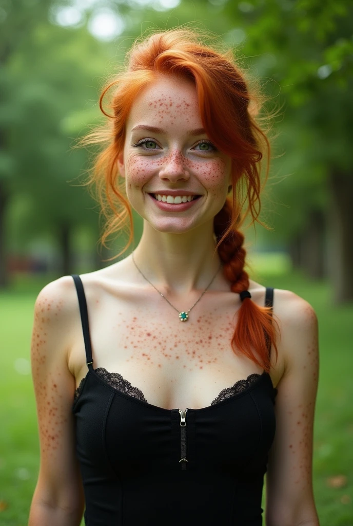 young woman with red hair, green eyes, medium size breasts, wearing black dress, walking through a park, smiling, hair as messy ponytail, most realistic skin texture, style raw, picture taken with canon eos 3 and kodak gold 400 , vemos grandes con pecas 
