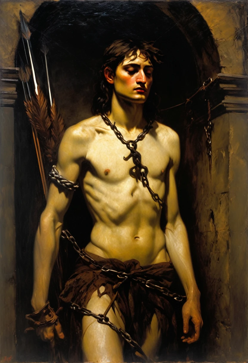 Saint Sebastian in chains with arrows embedded in the body, in a dungeon,  [(chains:0.33)], (Adolf Piot style)), The dark Renaissance, (fog, very scuffing), ((palette/oil painting palette knife)), ((masterpiece)), single shot, impression:1.2, extreme detail, perspective:1.33, 8k