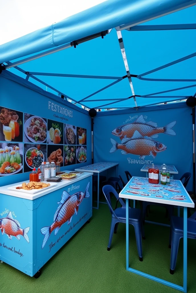 
Design me a mobile business in the form of a folding and buildable tent measuring 3x3 in blue with the following specifications -1 FOLDING PREPARATION WORK TABLE WITH A COOLER ON THE TABLE ( TABLECLOTH WITH SEAFOOD DRAWING) 
-2 TABLES FOR CUSTOMERS WITH 4 CHAIRS PER TABLE AND BOTTLES OF SEAFOOD SAUCES ON THE TABLE, CATSUP, TOAST AND COOKIES - ON THE WALLS OF THE TENTS THERE ARE PHOTOGRAPHS OF : SEAFOOD COCKTAIL, FISH CEVICHE AND AGUACHILE - THE FLOOR WILL BE MADE OF GREEN SYNTHETIC GRASS - THE CARP WILL BE BLUE
