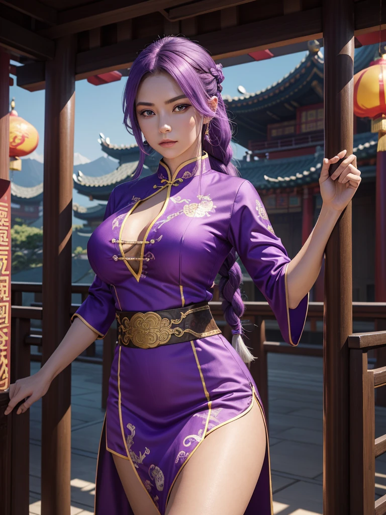 Beautiful Caucasian woman. Fitness body. Big round breasts. Just a woman. Alone. Western woman. Long hair with 1 braid. Purple hair. Bright purple eyes. Woman cosplaying as a kung fu fighter. She is wearing a traditional Chinese cheongsan dress in purple with a dragon print on the front. She is in a Chinese temple. The woman has a facial expression. Dynamic lighting. Dynamic shadows. High resolution.