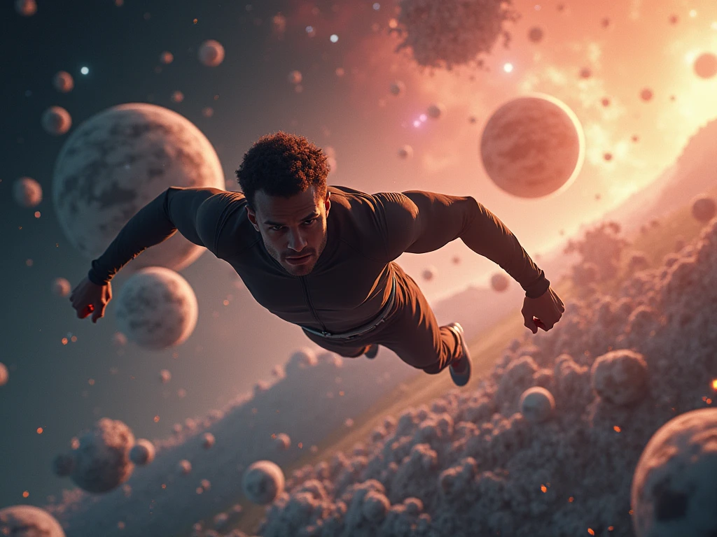 (man flying like superman through the galaxy, strange planets, fire and ice planets, camera behind man, cinematic, highly detailed, 8k, photorealistic, volumetric lighting, dramatic lighting, sci-fi, concept art)