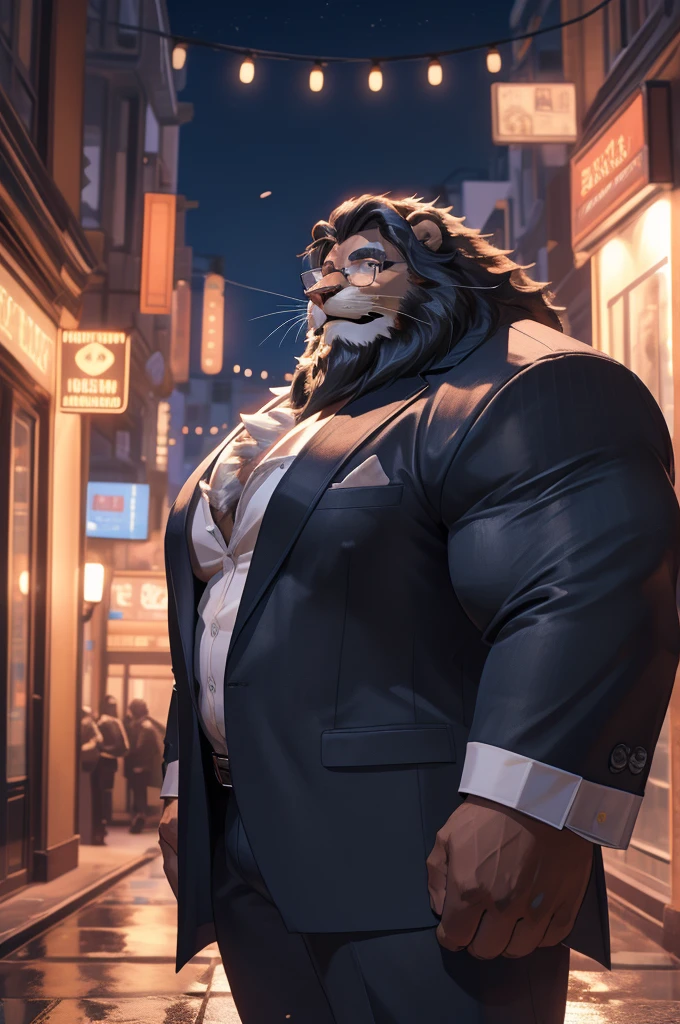 1boy, 1man, solo,  (furry lion), (face, detailed face, bearded, white beard, thick mustache), (glasses), city, night, (suits), well-muscled old man. ((extremely muscle size, super thick arms, huge pec, hyper pec, bigger chest, extremely wide pectoral , huge arms)), wide smiling. Add textures and details to make the image more realistic, such as the appearance of the. Make sure the resulting image is high resolution, 8K quality