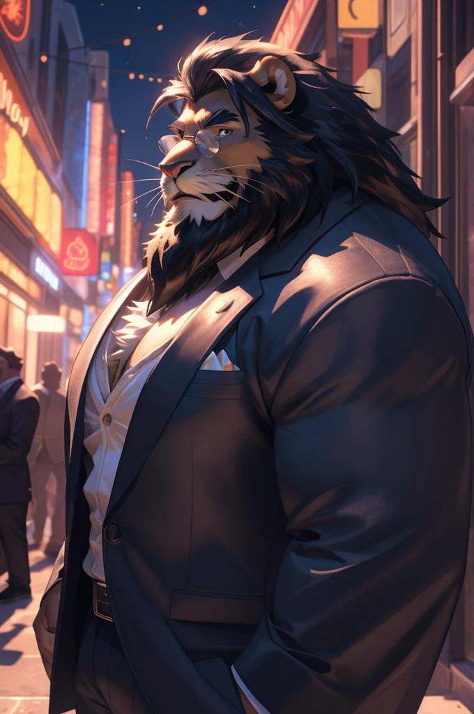 muscular man walking around in traditional japanese festivals, stands, tuxedo, black outer, furry, an anthro (white lion), an anthto, a old man muscular, facial hair, happy expression, extremely detailed muscle, detailed face, face, detailed eyes, eyes, detailed muscle, realistic rendering, CG realistic, 3d realistic, photography, background