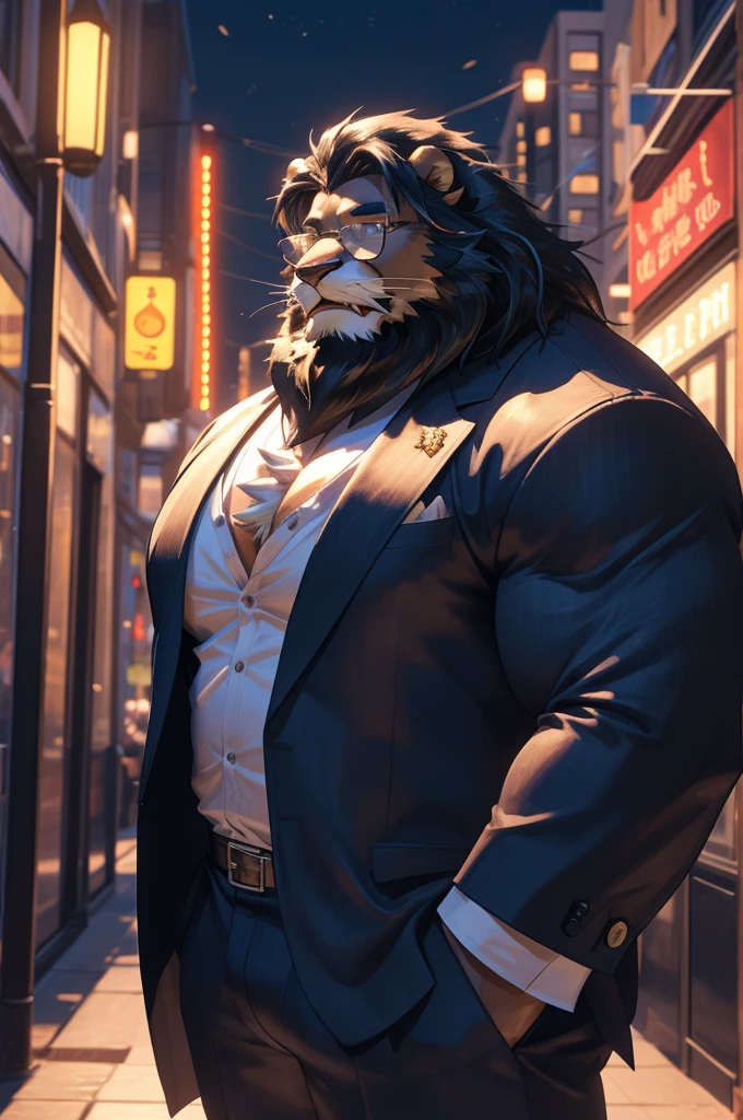 1boy, 1man, solo,  (furry lion), (face, detailed face, bearded, white beard, thick mustache), (glasses), city, night, (suits), well-muscled old man. ((extremely muscle size, super thick arms, huge pec, hyper pec, bigger chest, extremely wide pectoral , huge arms)), wide smiling. Add textures and details to make the image more realistic, such as the appearance of the. Make sure the resulting image is high resolution, 8K quality