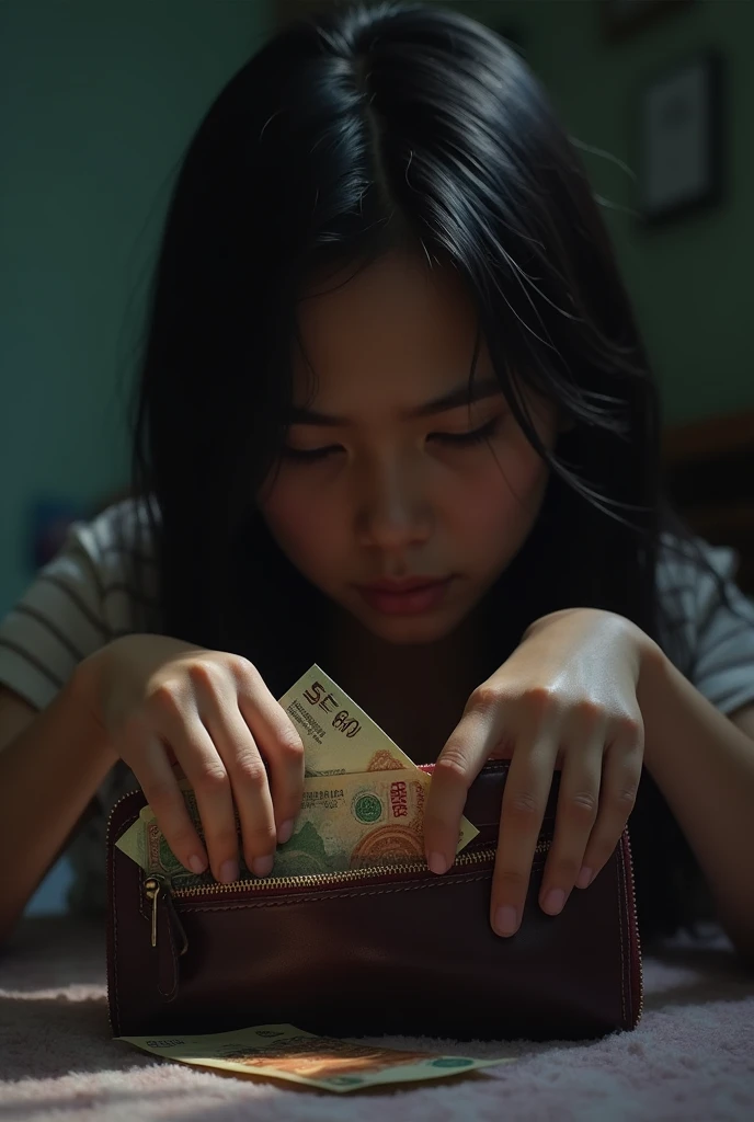 A poor  girl steal some money, in her mom's purse in her mom's room (i need a version that she's in her mom stealing some malaysian ringgit money