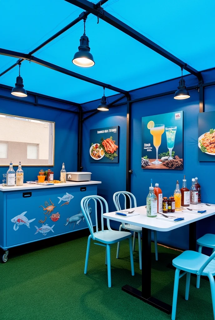 
Design me a mobile business in the form of a folding and buildable tent measuring 3x3 in blue with the following specifications -1 FOLDING PREPARATION WORK TABLE WITH A COOLER ON THE TABLE ( TABLECLOTH WITH SEAFOOD DRAWING) 
-2 TABLES FOR CUSTOMERS WITH 4 CHAIRS PER TABLE AND BOTTLES OF SEAFOOD SAUCES ON THE TABLE, CATSUP, TOAST AND COOKIES - ON THE WALLS OF THE TENTS THERE ARE PHOTOGRAPHS OF : SEAFOOD COCKTAIL, FISH CEVICHE AND AGUACHILE - THE FLOOR WILL BE MADE OF GREEN SYNTHETIC GRASS - THE CARP WILL BE BLUE
