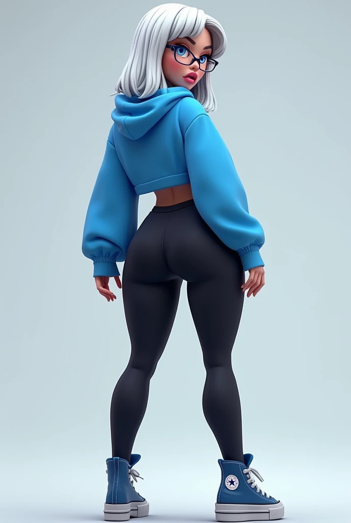 fortnite style girl, long white hair, Broad Hips, blue colored eyes, wearing glasses, Allstar Sneakers, sexy blue short sweatshirt black leggings rear full body