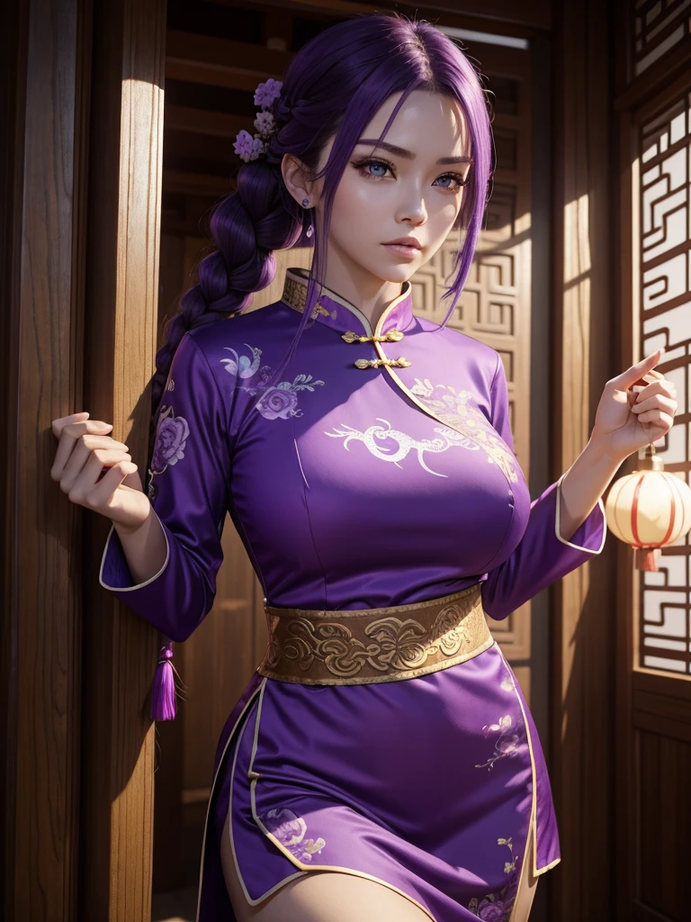 Beautiful Caucasian woman. Fitness body. Big round breasts. Just a woman. Alone. Western woman. Long hair with 1 braid. Purple hair. Bright purple eyes. Woman cosplaying as a kung fu fighter. She is wearing a traditional Chinese cheongsan dress in purple with a dragon print on the front. She is in a Chinese temple. The woman has a facial expression. Dynamic lighting. Dynamic shadows. High resolution.