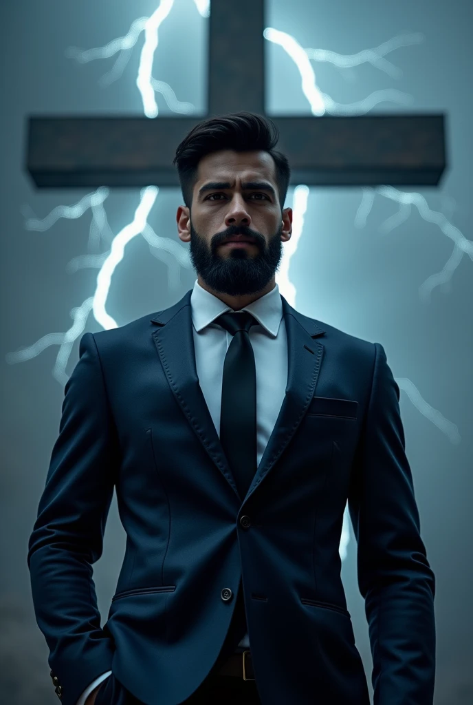 A young standing man with a black beard,wearing blue suit,black tine dots on the suit,a white shirt and Black tie, a cross behind the man, lightning all over the place